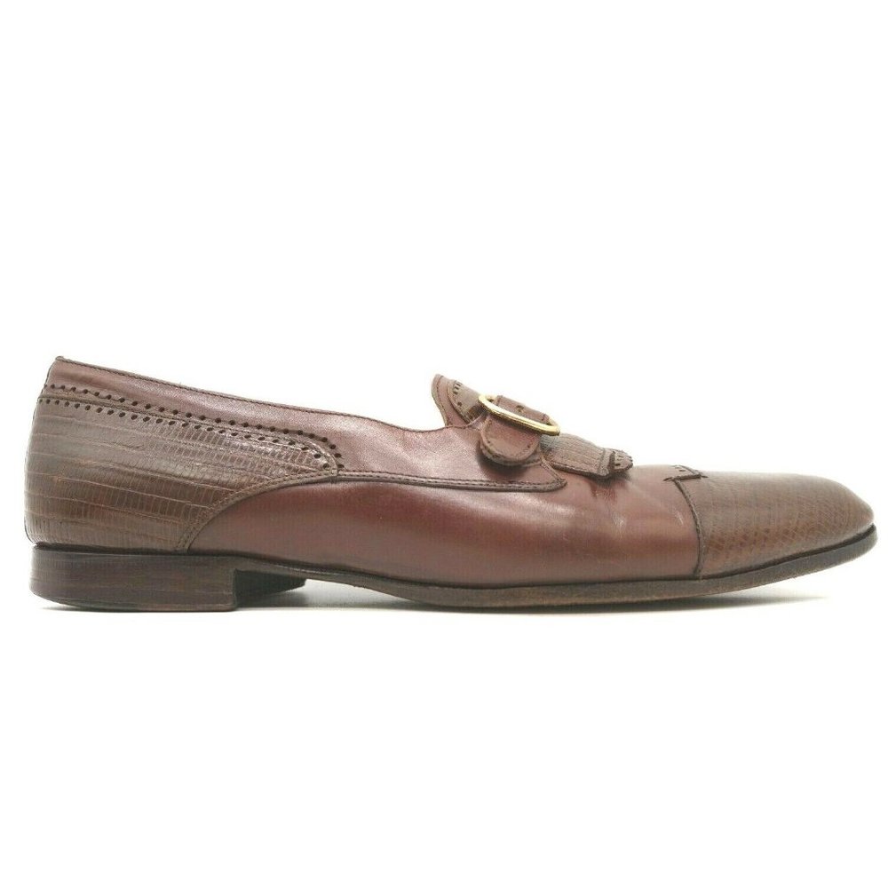 Santorini Brown Lizard Print Leather Kilt Buckle Slip On Loafers Shoes Men's 9.5